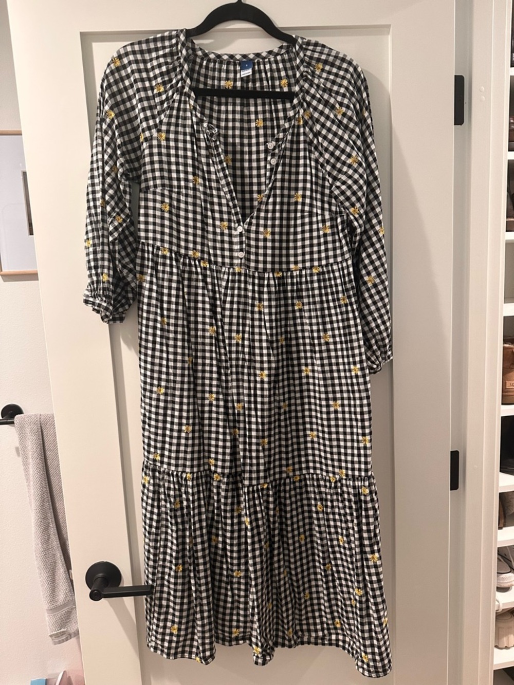 Old Navy Black & White Gingham Long-Sleeve Tiered Dress with Yellow Floral Dots